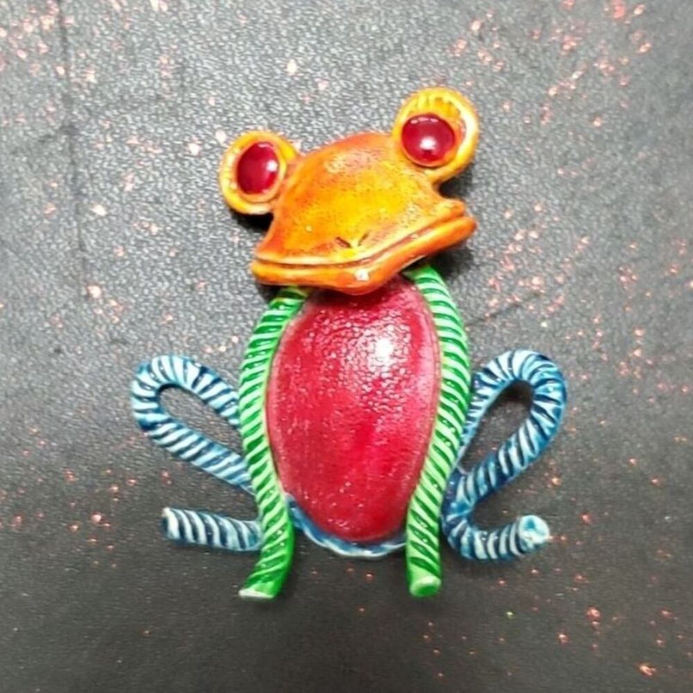 Hollycraft vintage collector yarn frog brooch colorful silver tone